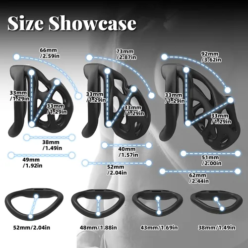 Vista 2 de Jaula de castidad masculina – Jaula de pene con cerradura invisible empotrada con 4 anillos de diferentes tamaños y 2 llaves, juguetes sexuales