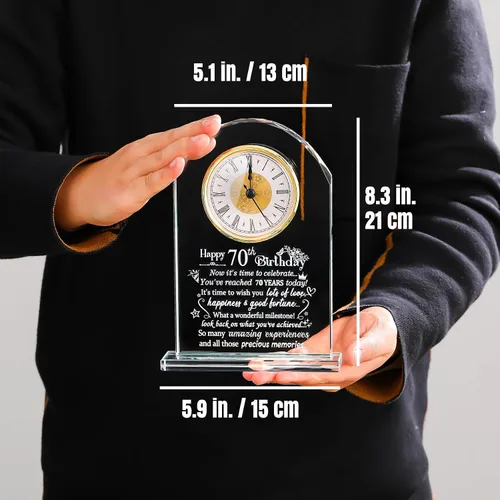 Vista 6 de Ornalrist Reloj de cristal de feliz cumpleaños 70 para mujeres, hombres, recuerdo de cumpleaños de 70 años para mamá, papá, padres, decoración