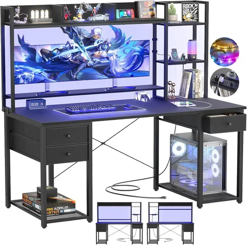 Vista 10 de Aheaplus Escritorio LED para Gaming con Hutch, 47.2'' Estación de Trabajo para Computadora, Negro