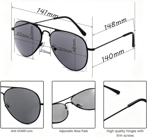 Vista 3 de Lente completa de lectura de cristal de sol lentes de sol gafas de sol clásico al aire libre aviador deportes acero inoxidable negro marco templo