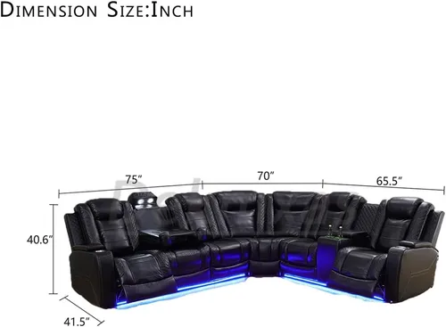 Vista 2 de Sofá reclinable de cuero transpirable con luz LED, sofá modular eléctrico con consola de almacenamiento, soporte para tazas para cine en casa, sala