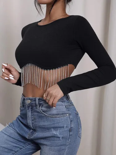 Vista 4 de Verdusa Camiseta corta de manga larga con flecos de diamantes de imitación para mujer