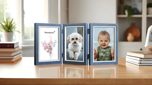 Vista 4 de Trifold Picture Frame 5x7 Blue Photo Collage Frame Hinged Triple Foldable Frame Blue for Tabletop Desk Display Gift for Mother, Friend