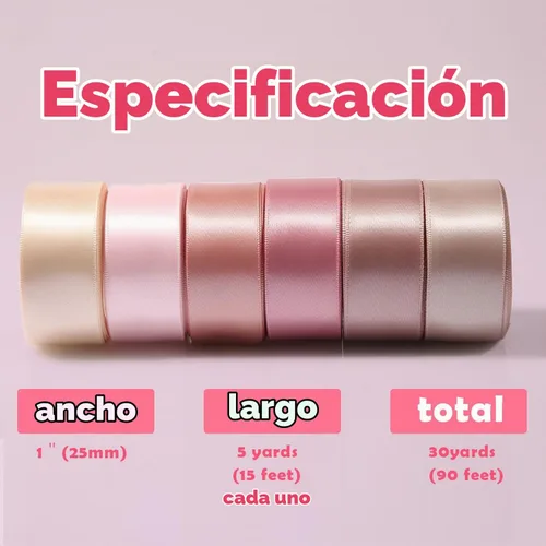 Vista 2 de 6 rollos de cinta para ramo de flores, 1 pulgada x 30 yardas, cinta de satén de doble cara rosa polvorienta, cintas de seda rosa para invitaciones