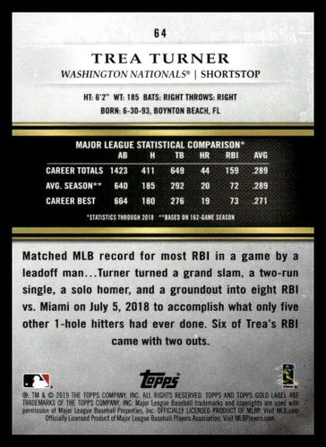 Vista 2 de 2019 Topps Gold Label Class Three #64 Trea Turner NM-MT Washington Nationals Baseball Trading Card