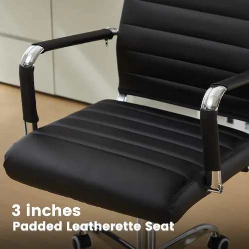 Vista 6 de Silla de escritorio de oficina de cuero, sillas de sala de conferencias con ruedas, sillas ejecutivas modernas para invitados con brazos (negro)