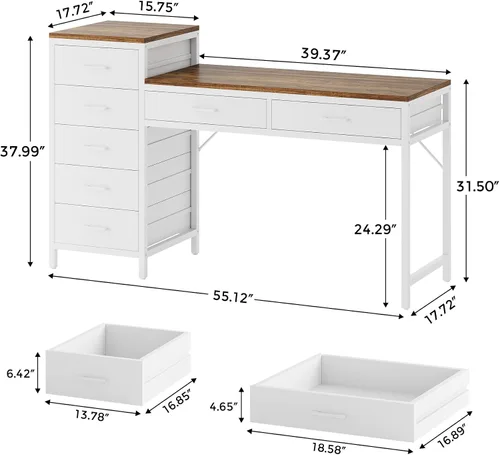 Vista 8 de Escritorio para computadora de 55 pulgadas con cajón reversible, marrón claro y blanco