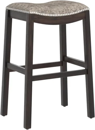 Vista 4 de Maven Lane Adrien Taburete de bar sin espalda, juego de 2, asiento de silla de montar de 31 pulgadas con reposapiés, marco de madera maciza marrón