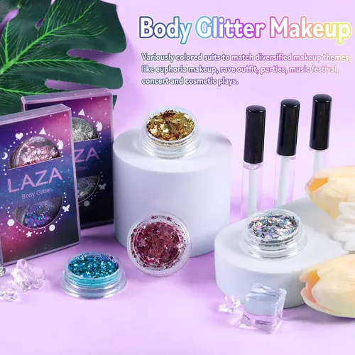 Vista 6 de Laza Purpurina corporal, 2 tarros de lentejuelas gruesas holográficas con pegamento de purpurina, perfecto para mujeres, sombra de ojos, maquillaje