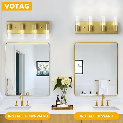 Vista 4 de Lámparas de tocador de baño sobre espejo con acabado dorado cepillado, 4 luces de tocador, apliques de pared para baño