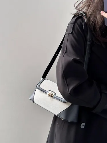 Vista 8 de Bolso de mano pequeño para mujer, de piel sintética, de lona, con cierre de hebilla