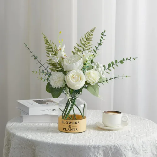 Vista 2 de Anna's Whimsy Flores artificiales con jarrón, rosas blancas, peonías de seda en jarrón, centros de mesa de imitación florales para arreglos de mesa