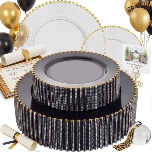Vista 13 de ejonirinjonir EI 60 platos de plástico beige con borde dorado, platos desechables marfil, plato de plástico de lujo resistente, cena de 10 pulgadas