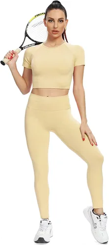 Vista 2 de JOLLMONO Conjunto de 2 piezas de manga corta para mujer, sin costuras, conjunto de camiseta corta para mujer