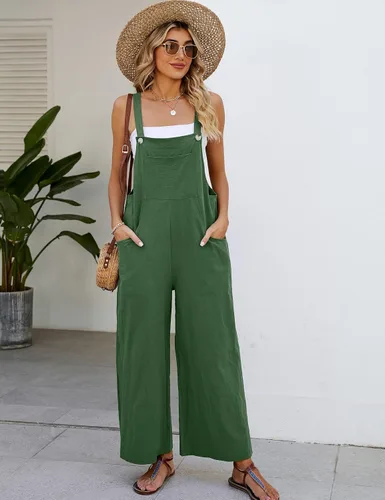Vista 3 de COZYPOIN Overol con pechera de algodón para mujer, pierna ancha, ajuste holgado, holgado, a la moda, sin mangas