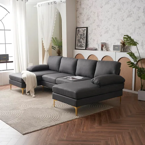 Vista 6 de Alexent Sofá seccional moderno en forma de U con diván doble, sofá de tela moderno con pies de latón para sala de estar, (gris oscuro)