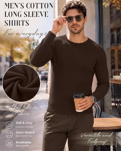 Vista 4 de Paquete de 5 camisas térmicas de algodón para hombre, manga larga, acanaladas, cuello redondo, ajustadas, suéter casual