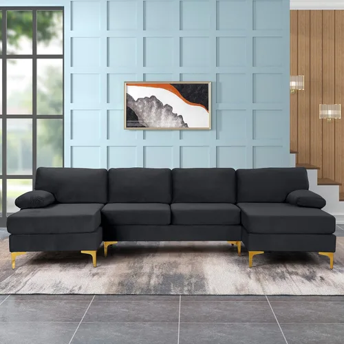 Vista 16 de Sofá modular moderno en forma de L, con diván extra ancho y patas doradas Gris