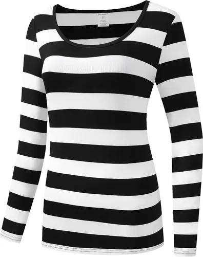 Vista 2 de Formeet17 Camiseta de manga larga a rayas para mujer, camiseta casual con cuello redondo