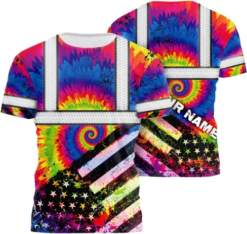 Vista 23 de Camisa de alta visibilidad de calavera con bandera de Estados Unidos para hombres, camisas de seguridad con nombre personalizado, ropa de trabajo