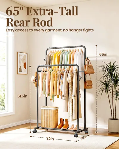 Vista 2 de Delamu Perchero de doble barra para colgar ropa con ruedas rodantes, ganchos, perchero de metal, perchero portátil con estantes para dormitorio