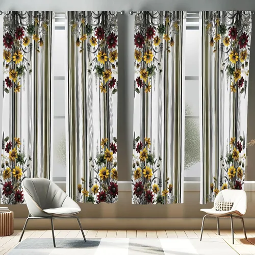 Vista 32 de Ambesonne - Cortinas amarillas para ventana, arte moderno escandinavo de escena de jardín con flores de tulipán y mariposas bailando, juego de 2