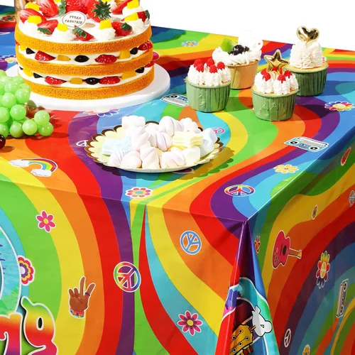 Vista 5 de Tiamon 3 manteles de plástico estilo hippie retro para mesa rectangular, decoraciones de fiesta de arco iris desechables para fiestas de los años 60