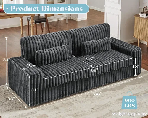 Vista 2 de VanAcc Sofá de gran tamaño de 88 pulgadas, sofá moderno con almohadas lumbares y reposabrazos, sofá de 3 plazas, sofás de nube para sala de estar