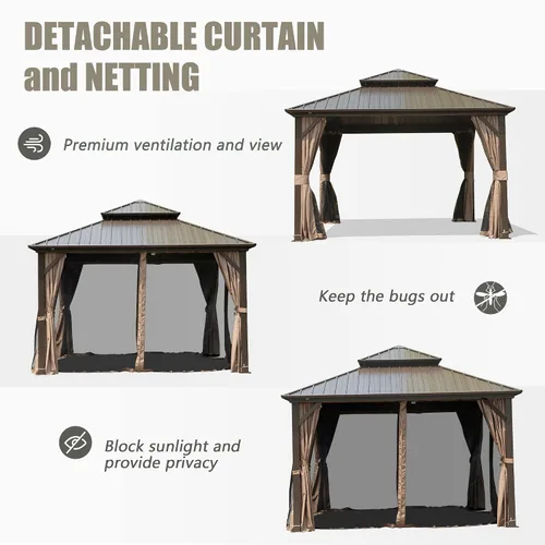 Vista 6 de Domi - Cenador de techo rígido de 8 x 8 pies con malla y cortinas, cenador para exteriores con techo doble de acero galvanizado para patio, césped