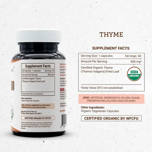 Vista 4 de Secrets of the Tribe Tomillo 60 Cápsulas, 400 mg, USDA Organic Thyme (Thymus Vulgaris) Hoja Seca (60 Cápsulas)