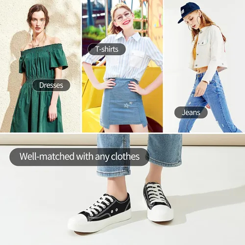 Vista 6 de Zapatos de lona transpirables para mujer, tenis de lona con cordones para mujer, tenis de moda de caña baja, tenis clásicos en blanco y negro