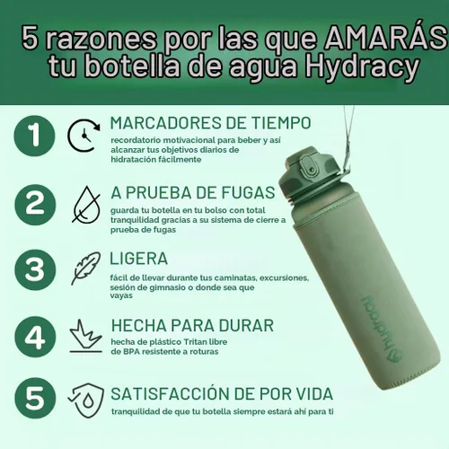Vista 3 de Hydracy Botella de agua motivacional con marcador de tiempo y tapa con Lus de luna verde