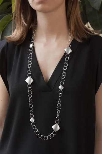 Vista 2 de Handmade Link Statement Necklace, Square Cushion Shapes, Sterling Silver 925 Satin and Polished Finish, Dark Oxidized Interior, Reversible, 53