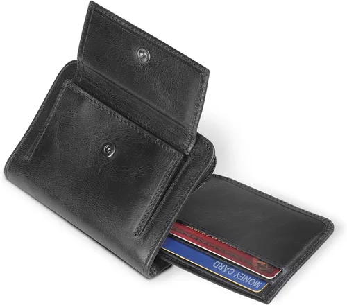 Vista 11 de Otto Angelino Cartera plegable con cremallera para hombre con bloqueo RFID, piel de vaca italiana, comodidad de viaje delgada, soporte para tarjeta
