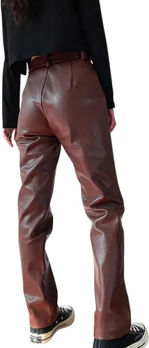 Vista 2 de Pantalones de piel sintética de cintura alta para mujer, pantalones de piel sintética con bolsillos, ropa de calle punk