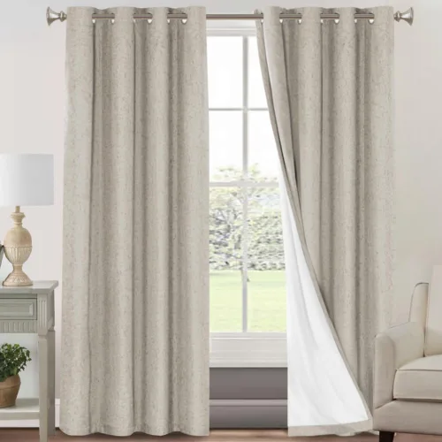 Vista 149 de Cortinas con textura de lino 100% opacas de 64 pulgadas de largo, juego de 2 paneles de cortinas de lino opacas con forro aislante térmico que Arena
