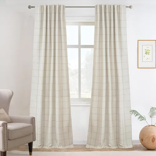 Vista 43 de DriftAway 2 paneles cortinas de lino a cuadros 100% opacas de doble capa cortinas para dormitorio de 96 pulgadas de largo estilo granja con Gris