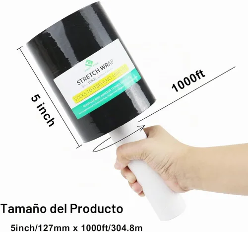 Vista 2 de BOMEI PACK 1 rollo industrial negro mini elástico con asa de 5 pulgadas x 1000 pies, calibre 80, resistente y duradero, autoadherente para embalaje