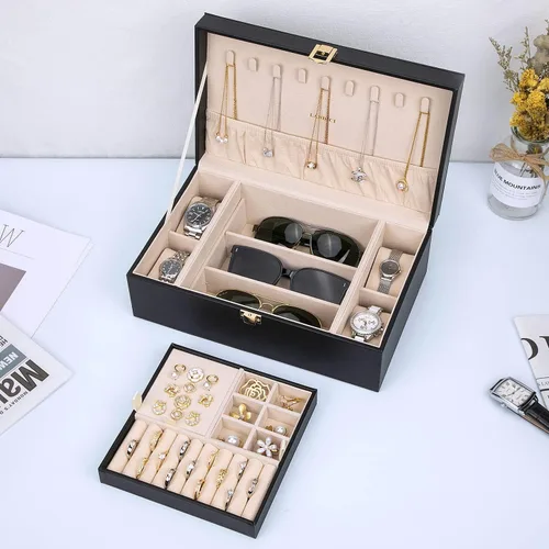 Vista 7 de LANDICI Joyero organizador para mujeres y niñas estuche grande de 2 capas para hombres con bandeja extraíble soporte de almacenamiento de joyas