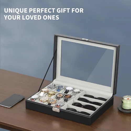 Vista 22 de AUTOARK AW-004 - Caja de cuero para 6 relojes y 3 lentes y gafas de sol con organizador de joyas, cajas de almacenamiento para hombre y mujer, tapa