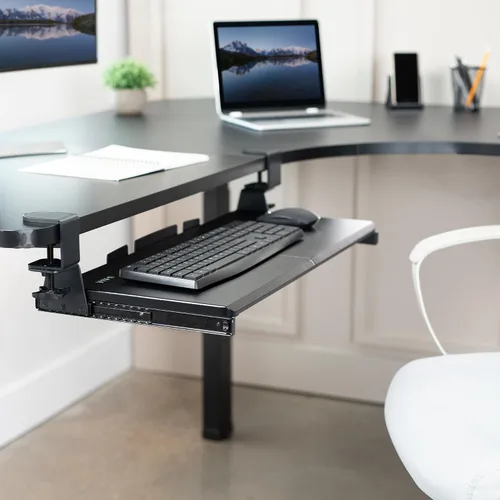 Vista 6 de VIVO Bandeja de teclado extraíble grande para escritorio de esquina, 27 (33 incluyendo abrazaderas) x 11 pulgadas plataforma deslizante cajón