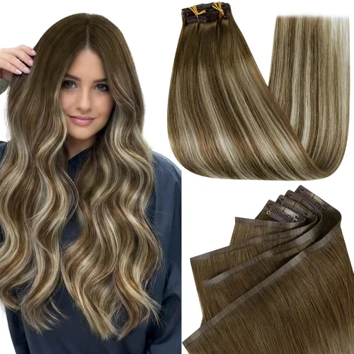 Vista 36 de Full Shine Extensiones de Cabello Rubio con Clip Reflejos Cabello Humano Extensiones con Clip Rubio Ceniza Mezcla Rubio Decolorado PU Extensiones