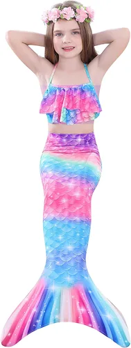 Vista 7 de DNFUN Traje de baño de sirena de 3 piezas para niñas, con cola de sirena, sin monoaleta