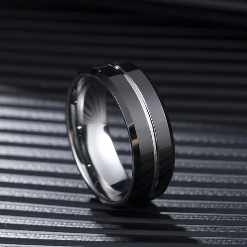 Vista 2 de King Will - Anillo de bodas clásico de carburo de tungsteno para hombre, en color negro, plata, oro, azul, marrón, rojo y púrpura, centro acanalado