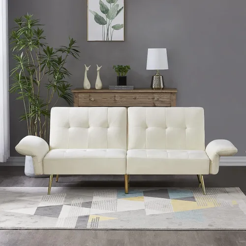 Vista 9 de Anwick Sofá cama futón convertible de terciopelo de espuma viscoelástica, sofá cama moderno de dos plazas con respaldo y reposabrazos ajustables