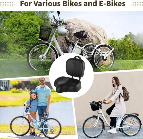 Vista 6 de Asiento de bicicleta con respaldo, cojín de bicicleta de espuma viscoelástica de gran tamaño con soporte de espalda, sillín universal de poliuretano