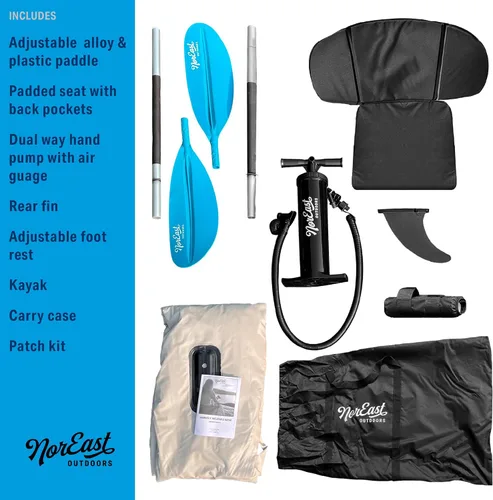 Vista 6 de Paquete de kayak inflable de 9 pies (Explorer) - Asiento inflable ajustable con respaldo, paleta ajustable, funda de transporte, bomba y kit