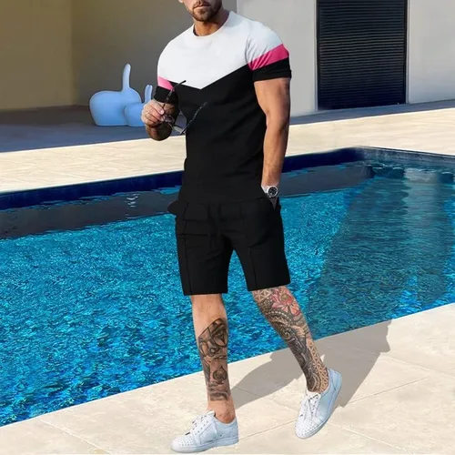 Vista 2 de Conjunto corto de 2 piezas para hombre, camiseta de manga corta y pantalones cortos, conjunto deportivo elegante y casual para hombre