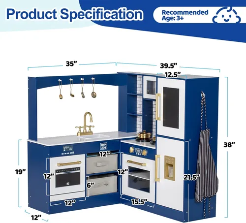 Vista 7 de BRINJOY Cocina de Juego de Esquina para Niños, Juego de Cocina de Madera para Niños Pequeños con Grifo, Fregadero, Microondas, Horno, Delantal