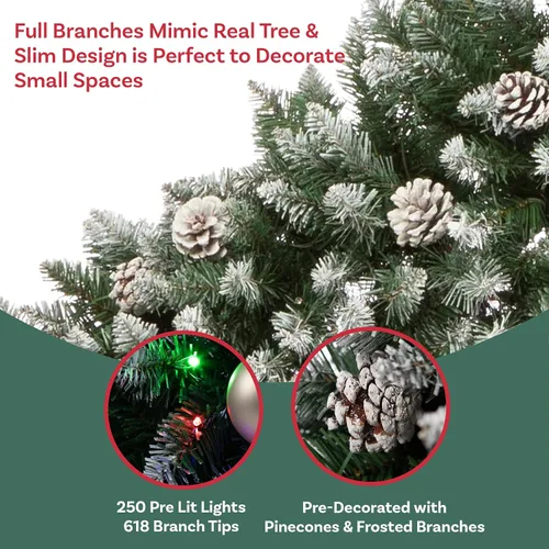 Vista 4 de Elf Stor - Árbol de Navidad preiluminado flocado de 6 pies con soporte verde/blanco